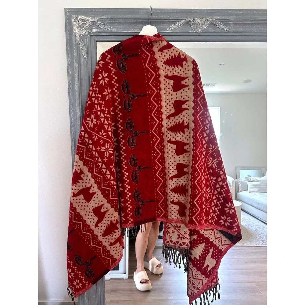 Boho Red Alpaca Print Knit Oversized Shawl Wrap Fringe Trim Festive Reversible